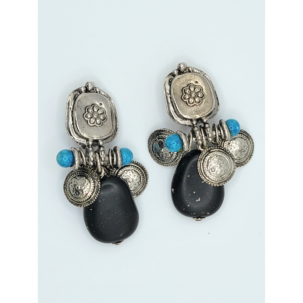 Dauplaise VTG  Silver Tone Turquoise Black Bead Clip Earrings